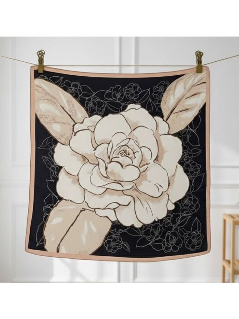 ⭐New Elegant Bandana Square Silky Scarf Soft FLORAL BIG ROSE Black Brown Luxury⭐